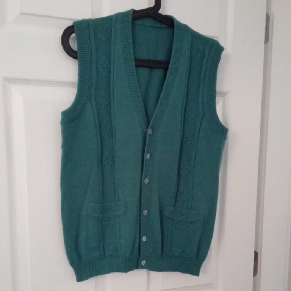Vintage Women's Ribbed And Detailed Turquoise Sweater Vest